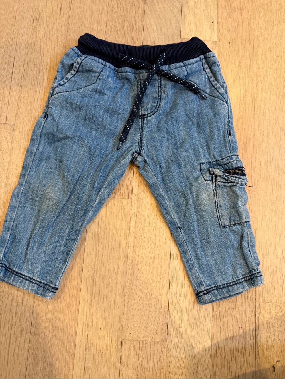 Kids Light Blue Denim Jogger Pants with Navy Waistband